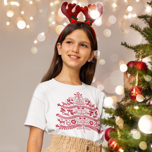 Red Scandinavian Folk Art Nordic Christmas Tree T_Shirt