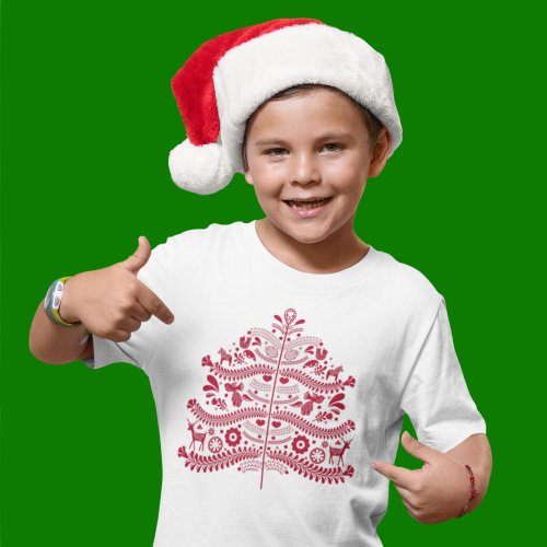 Red Scandinavian Folk Art Nordic Christmas Tree T_Shirt
