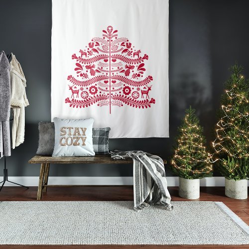 Red Scandinavian Folk Art Nordic Christmas Tree Tapestry