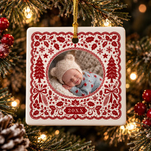 Red Scandinavian Folk Art Pinecone Baby Photo Ceramic Ornament