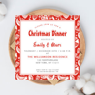 Red Scandinavian Folkart Pattern w Birds Christmas Invitation