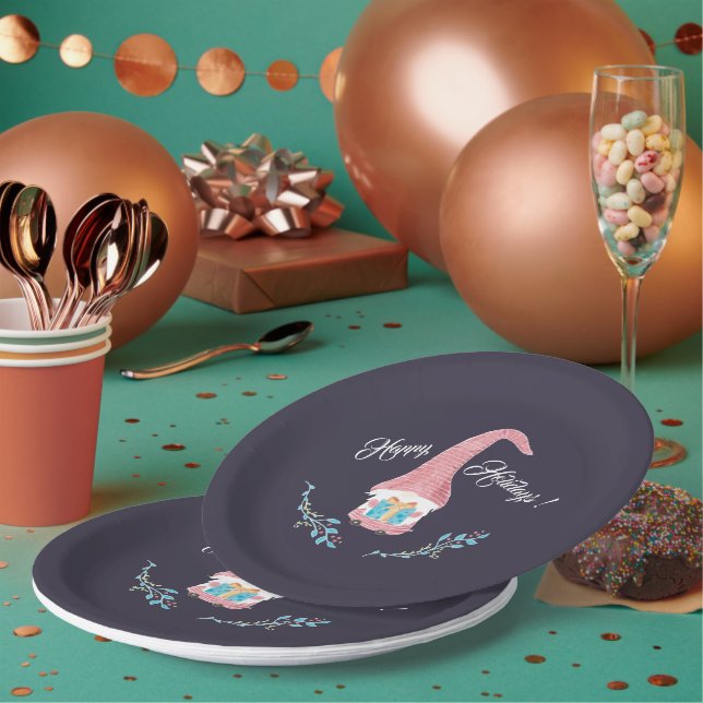 Red Scandinavian Gnome with a present Holiday Paper Plates (Multi)