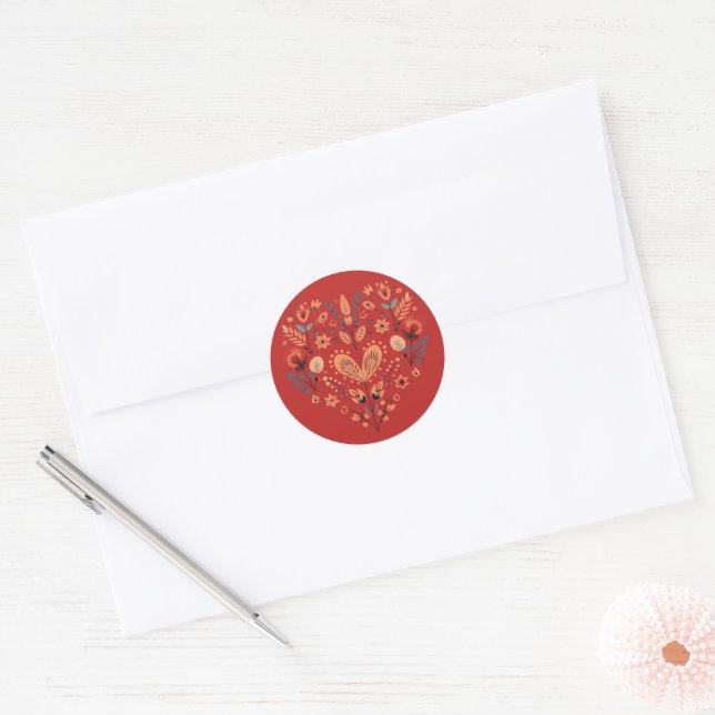 Red Scandinavian Nordic Heart Valentines  Classic Round Sticker (Envelope)