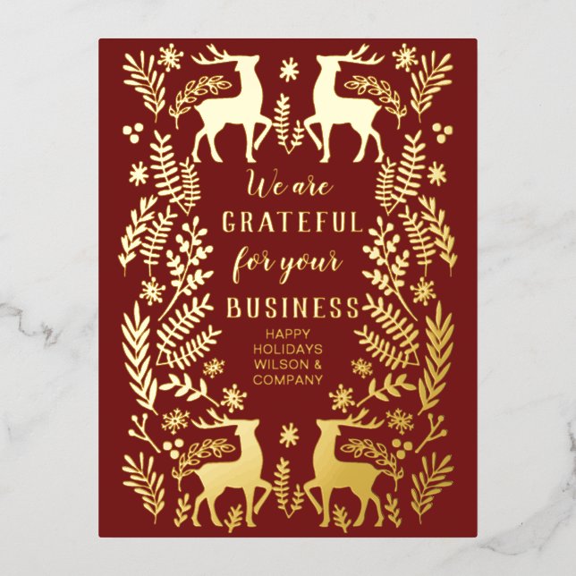 Red Scandinavian Nordic Reindeer Business  Foil Holiday Postcard (Front)