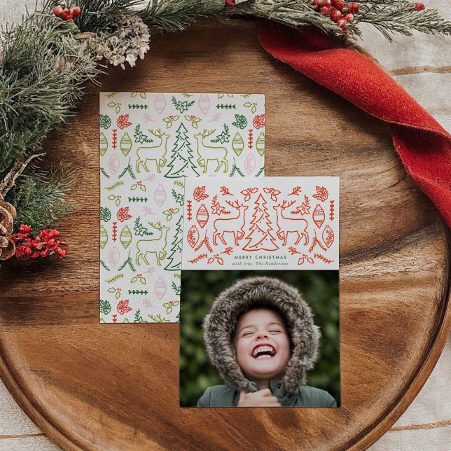 Red Scandinavian Pattern Photo Holiday Card (Red Scandinavian Pattern Christmas Photo Holiday Card)
