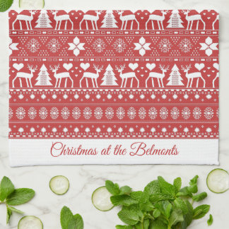 Red Scandinavian Personalized Name Christmas Kitchen Towel