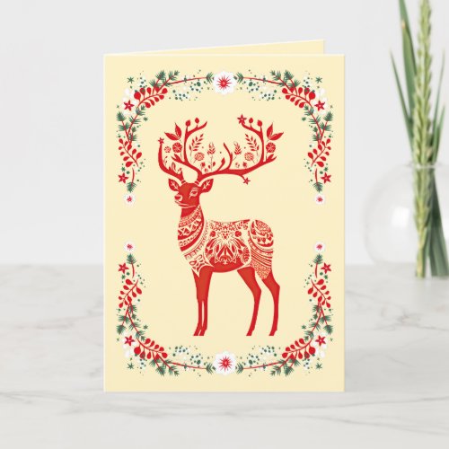 Red Scandinavian Reindeer Floral Christmas Holiday Card