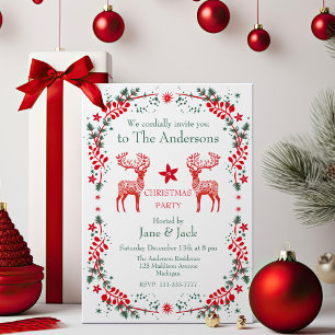 Red Scandinavian Reindeer Floral Christmas Party Invitation