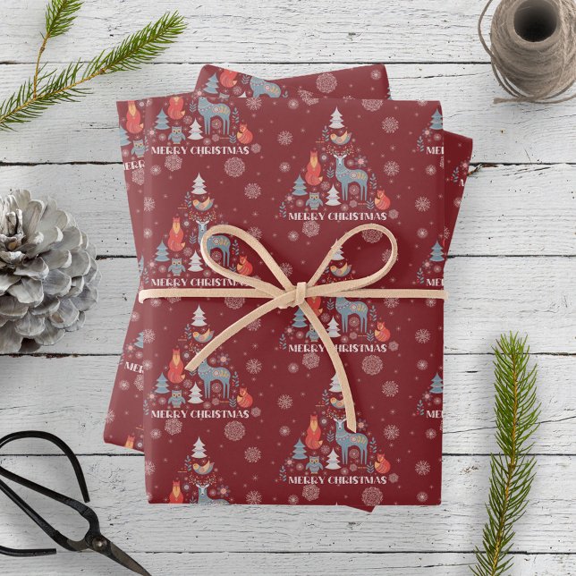 Red Scandinavian Reindeer Tree Animal Snowflake  Wrapping Paper Sheets (Creator Uploaded)