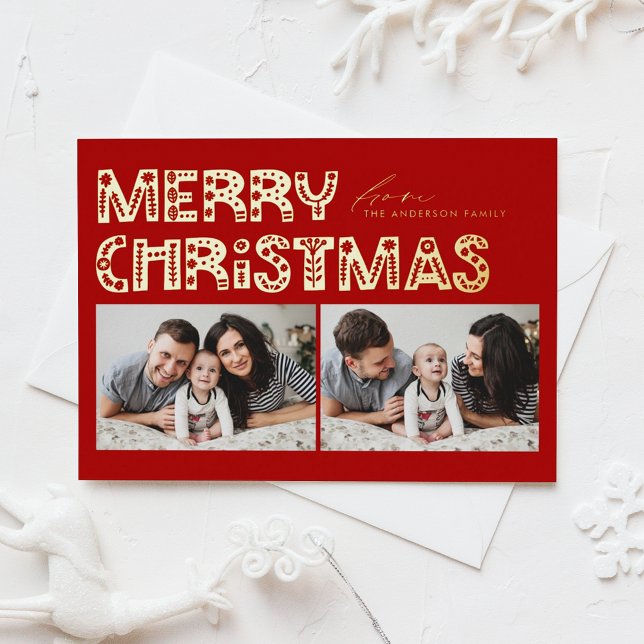 Red Scandinavian Two Photo Christmas Foil Holiday Postcard (Creator Uploaded)