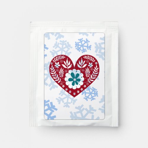 Red Scandinavian Vintage Heart Snowflakes Coffee  Tea Bag Drink Mix