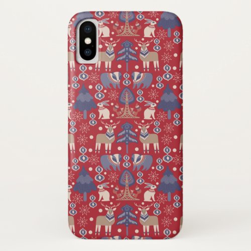 Red Scandinavian Winter Animals Christmas iPhone XS Case