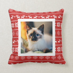 Red Scandinavian Winter Pattern - Add Photo Throw Pillow
