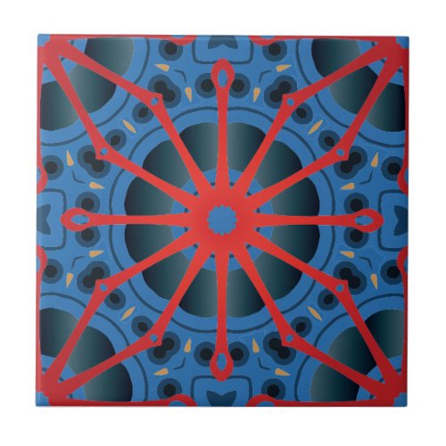 Red Scarlet and Blue Indigo Ethnic Boho Pattern Ceramic Tile