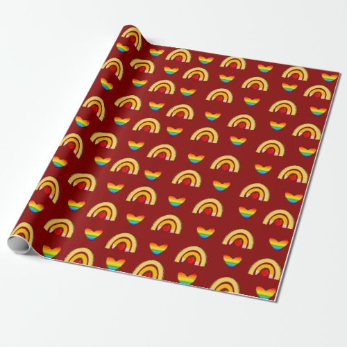 Red School Supplies with Rainbow Hearts Pattern Wrapping Paper