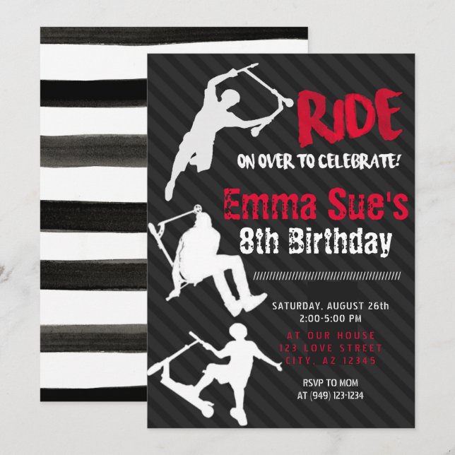 Red Scooter Skate Park Party Birthday Invitation (Front/Back)