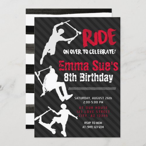 Red Scooter Skate Park Party Birthday Invitation