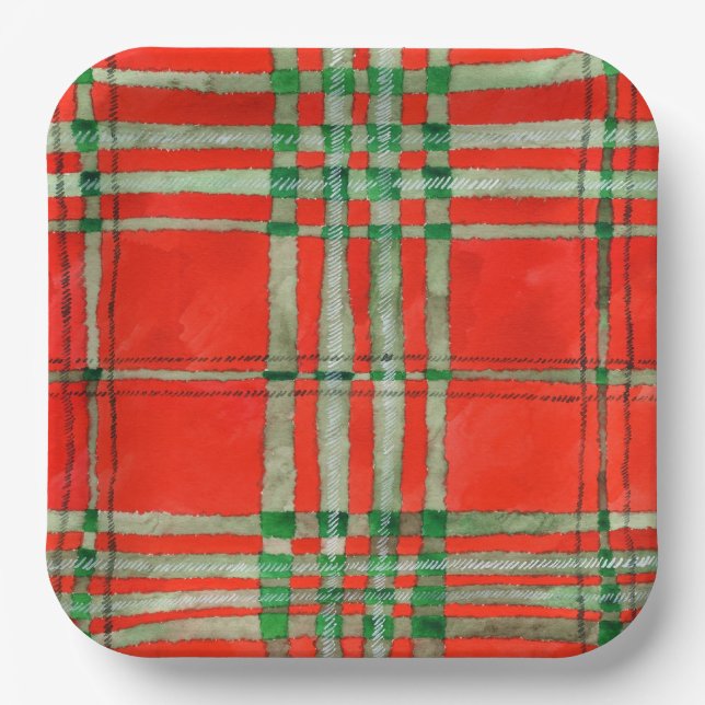 RED SCOTT TARTAN 9" Square Paper Plates (Front)