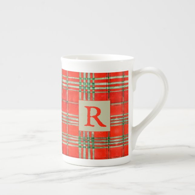 RED SCOTT TARTAN Bone China Mug + Initial (Right)