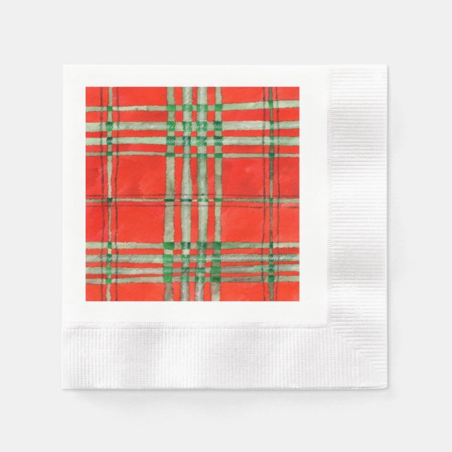RED SCOTT TARTAN Coined Cocktail Paper Napkins (Front)