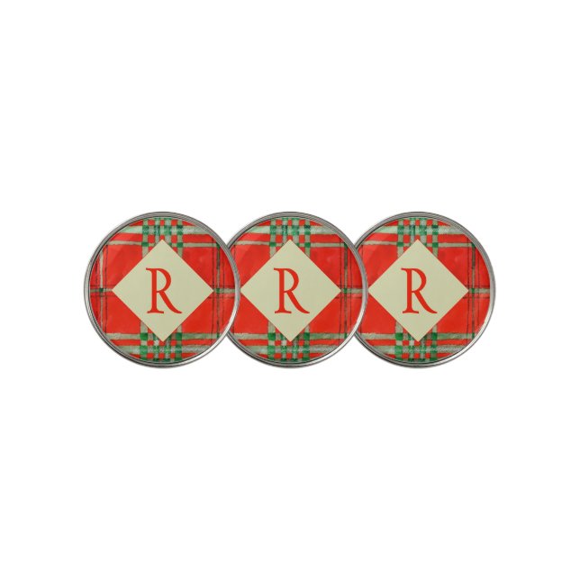 RED SCOTT TARTAN Golf Ball Markers + Initial (3 Up)