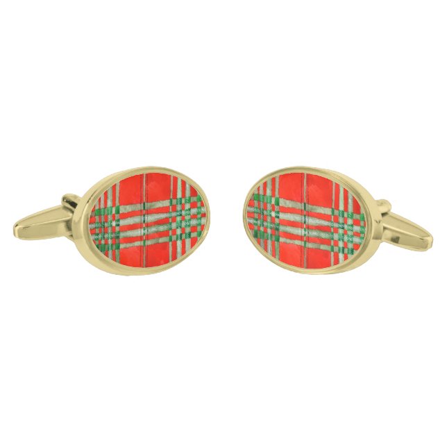 RED SCOTT TARTAN Oval Gold Plated Cufflinks (Angled)