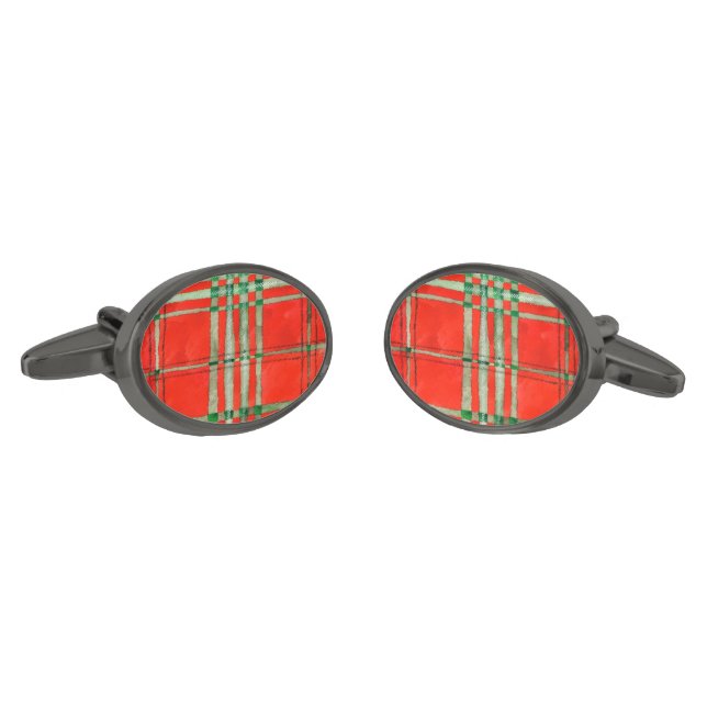 RED SCOTT TARTAN Oval Gunmetal  Plated Cufflinks (Angled)