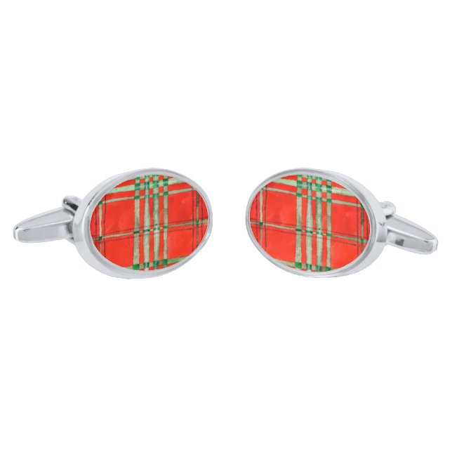 RED SCOTT TARTAN Oval Silver Plated Cufflinks (Angled)