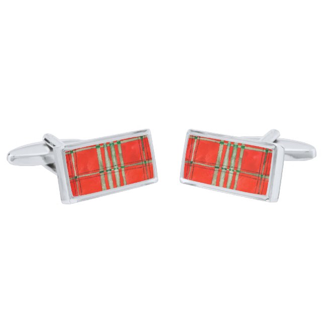 RED SCOTT TARTAN Rectangle Silver Plated Cufflinks (Angled)