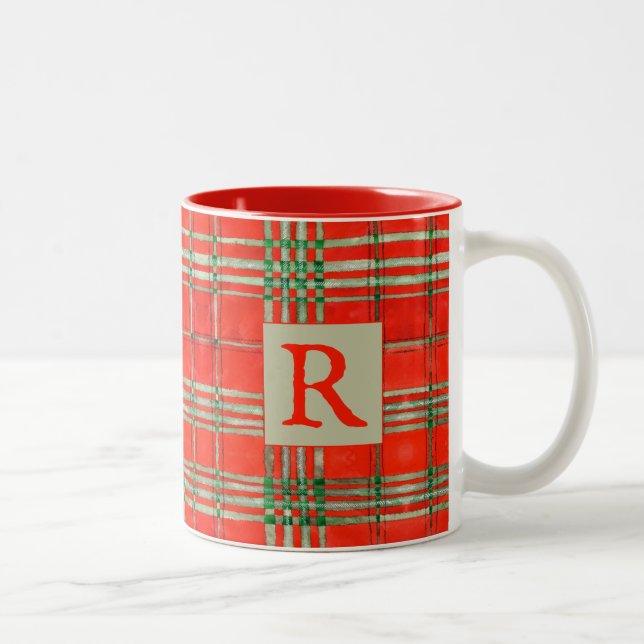 RED SCOTT TARTAN Red Two-Tone Mug + Initial (Right)