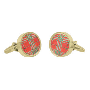 RED SCOTT TARTAN Round Gold Plated Cufflinks