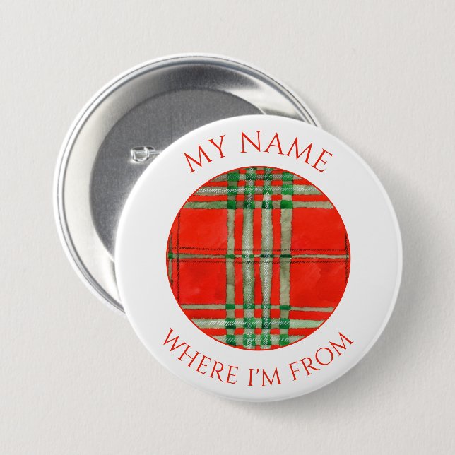 RED SCOTT TARTAN Round Name Tag Pin Button  (Front & Back)