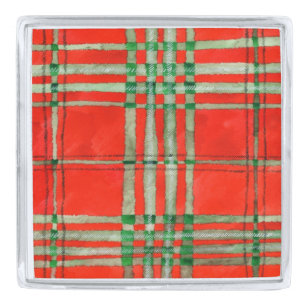 RED SCOTT TARTAN Silver Plated Square Lapel Pin