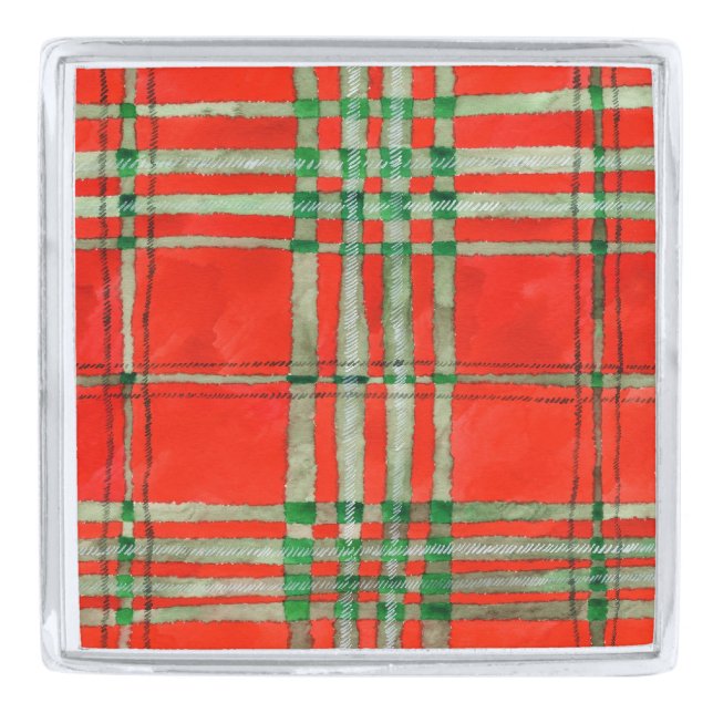 RED SCOTT TARTAN Silver Plated Square Lapel Pin (Front)