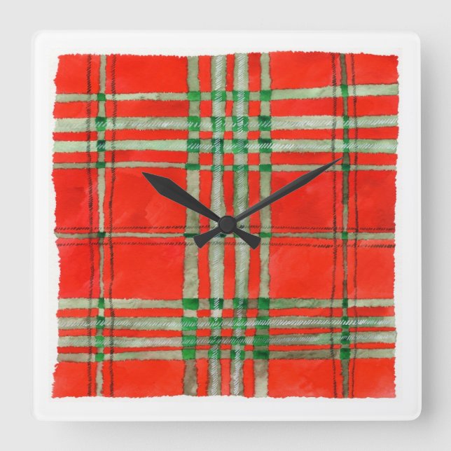 RED SCOTT TARTAN Square Acrylic Wall Clock (Front)