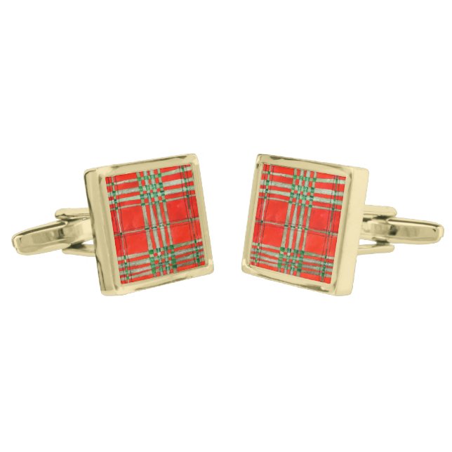 RED SCOTT TARTAN Square Gold Plated Cufflinks (Angled)