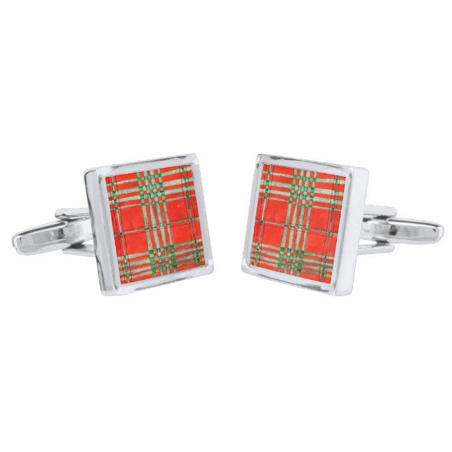 RED SCOTT TARTAN Square Silver Plated Cufflinks (Angled)