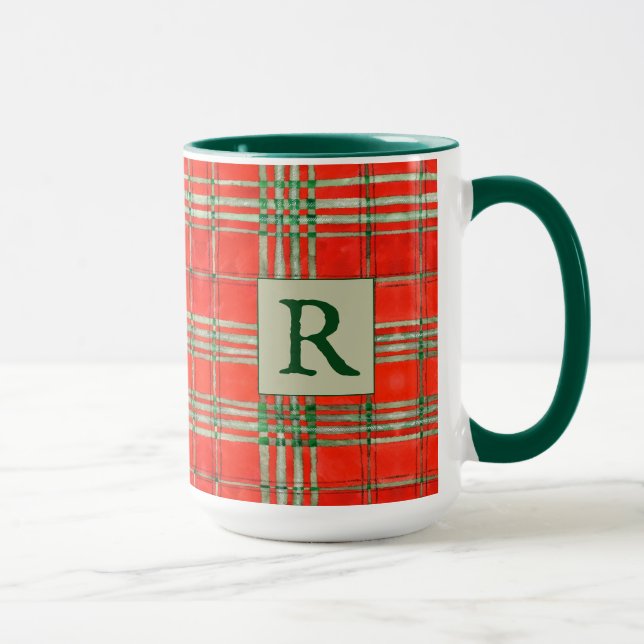 RED SCOTT TARTAN Tall Green Combo Mug + Initial (Right)