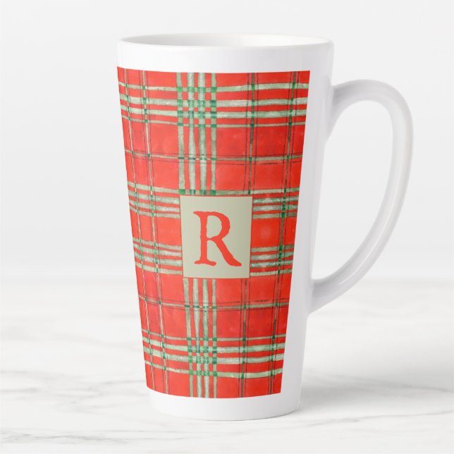 RED SCOTT TARTAN Tall Latte Mug + Initial (Right)