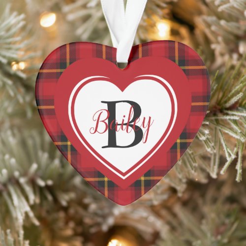 Red Scottish Plaid Heart Personalized Christmas Ornament