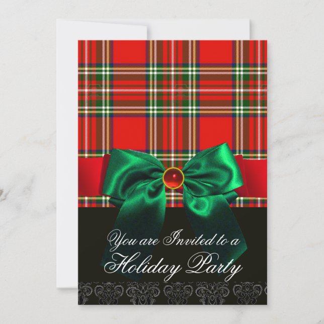RED SCOTTISH TARTAN AND GREEN BOW CHRISTMAS PARTY INVITATION (Front)