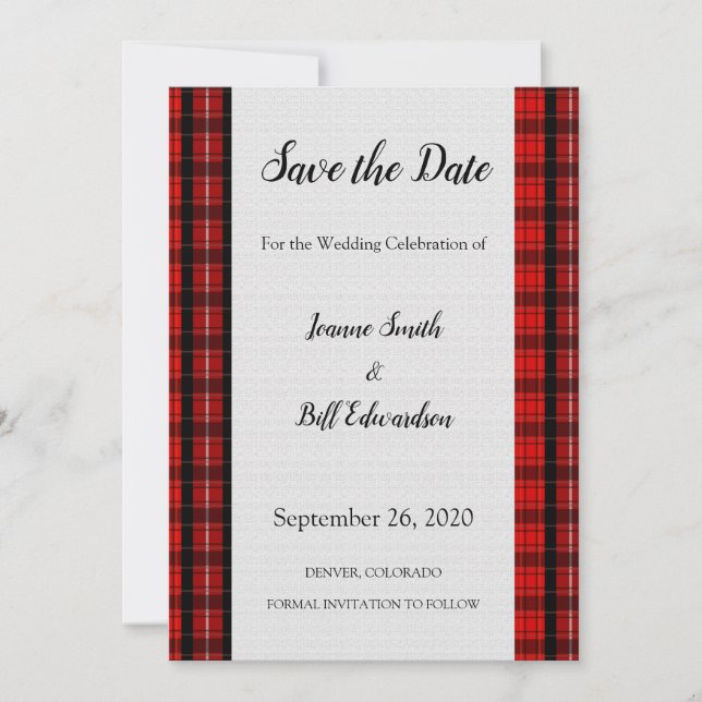 Red Scottish Tartan Burlap pattern Save The Date (Front)