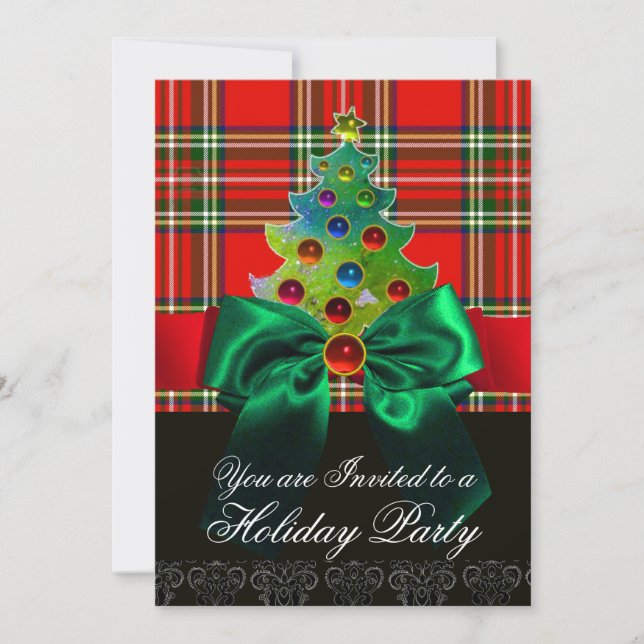 RED SCOTTISH TARTAN ,GREEN BOW AND CHRISTMAS TREE INVITATION (Front)