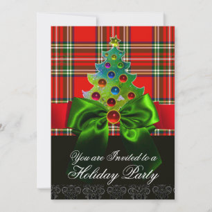 RED SCOTTISH TARTAN ,GREEN BOW AND CHRISTMAS TREE INVITATION
