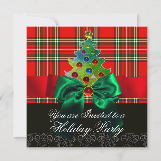RED SCOTTISH TARTAN ,GREEN BOWS AND CHRISTMAS TREE INVITATION (Front)