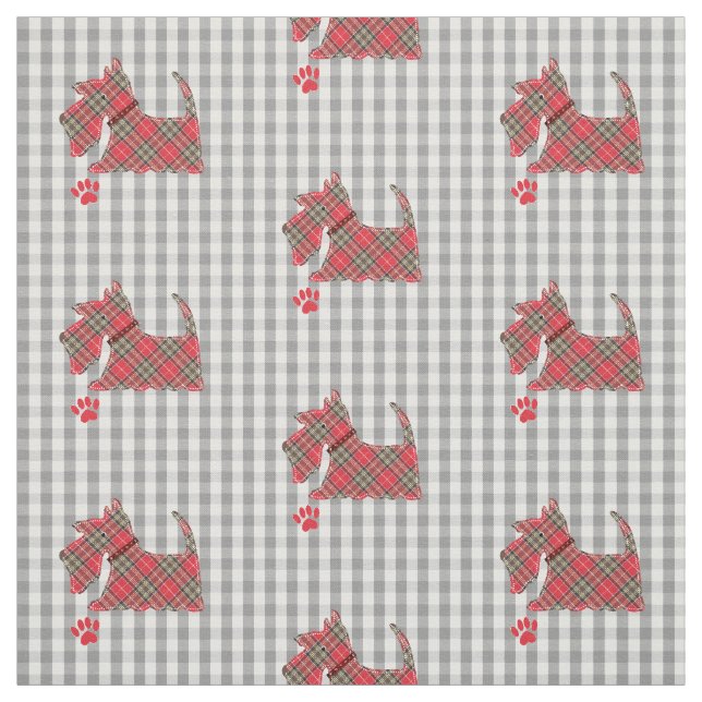 Red Scottish Tartan Terrier Dogs Gingham Plaid Fabric (Swatch)