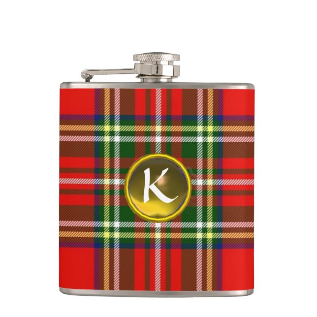 RED SCOTTISH TARTAN,YELLOW TOPAZ GEMSTONE MONOGRAM HIP FLASK (Front)