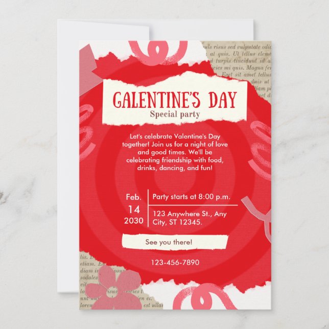 Red Scrapbook Galentine's Day Party Card (Front)