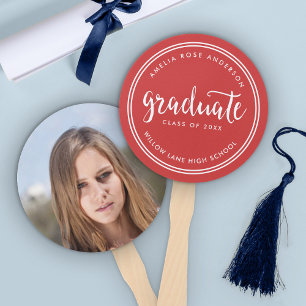 Red Script and White Stripes Graduate Photo Hand Fan
