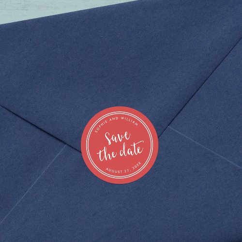 Red Script and White Stripes Save the Date Classic Round Sticker